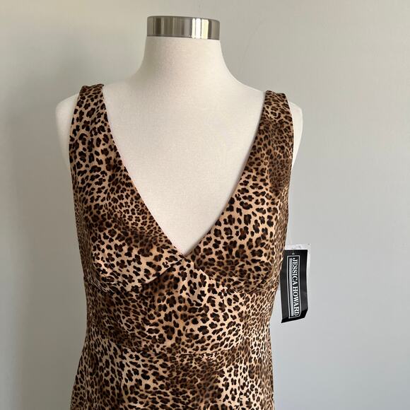 Jessica Howard Sheath Dress V-Neck Bow Back Leopard Print Sleeveless 12 NWT - Picture 2 of 8